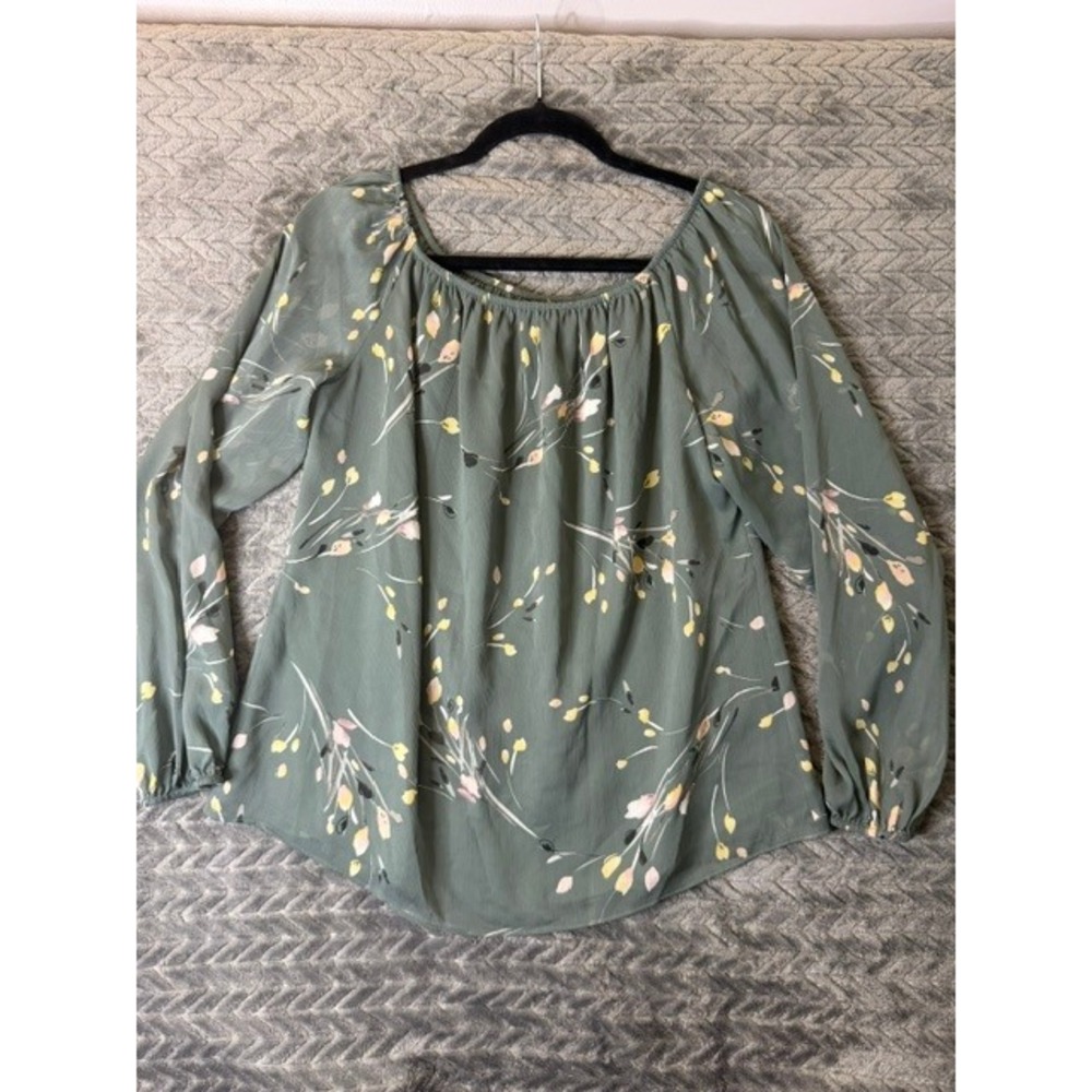 White House Black Market Sage Green Floral Off Shoulder Peasant Blouse Med 0062